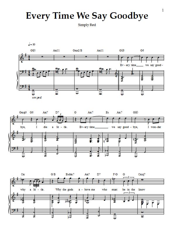 Simply Red - Every Time We Say Goodbye Piano / Vocal Sheet Music: Sample Image for New Zealand